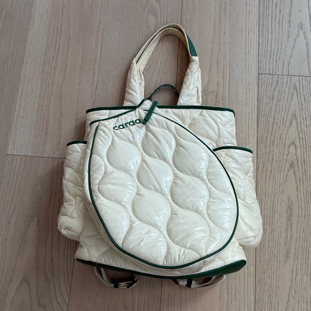 Caraa Cream Quilted Tennis Bag / Backpack / Tote with Green Trim